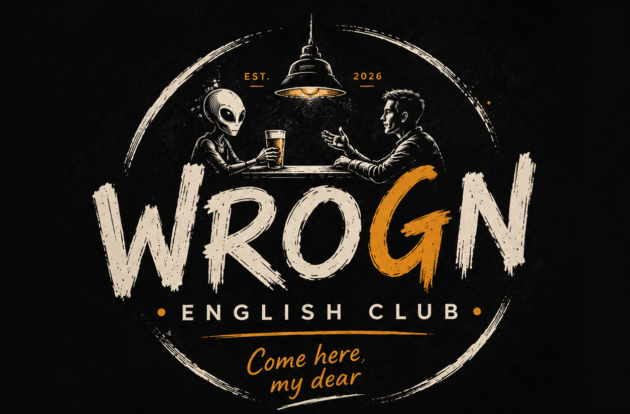 WROGN chalk logo with alien and human talking